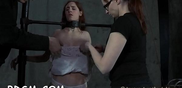  Tied up chick gets her cookie lips opened up for lusty torture